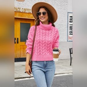 Women's Hot Pink Turtleneck Cable-knit Long Sleeve Sweater